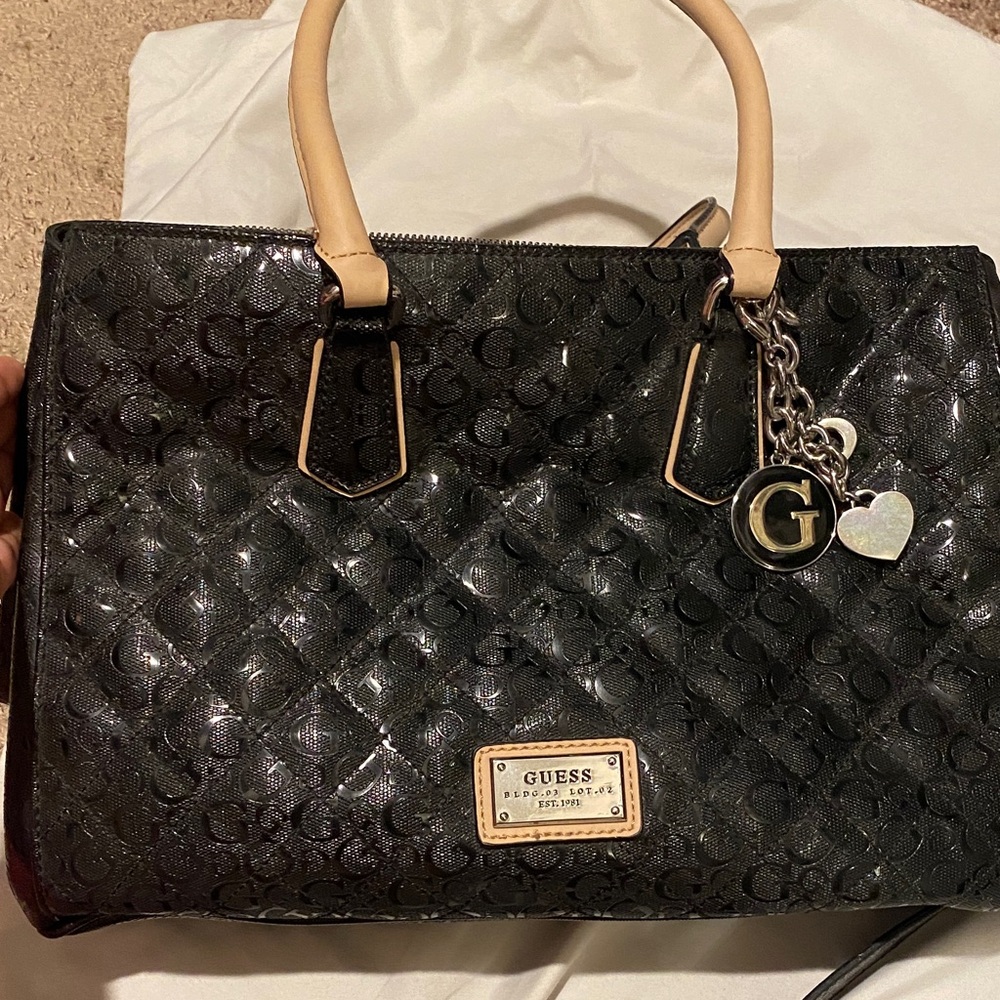GUESS Black Quilted Tote with Tan Handles